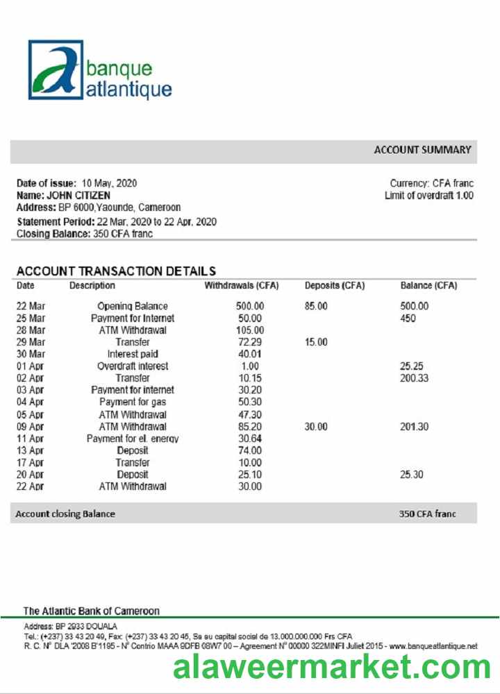 Cameroon Atlantic bank statement template, Word and PDF format